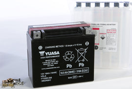 Yuasa YTX20H-BS maintenance-free motorcycle battery with black casing, labeled with model and brand name.