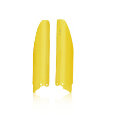 Acerbis yellow fork covers for motorcycle suspension, featuring the Acerbis logo and designed to protect and decorate front forks.
