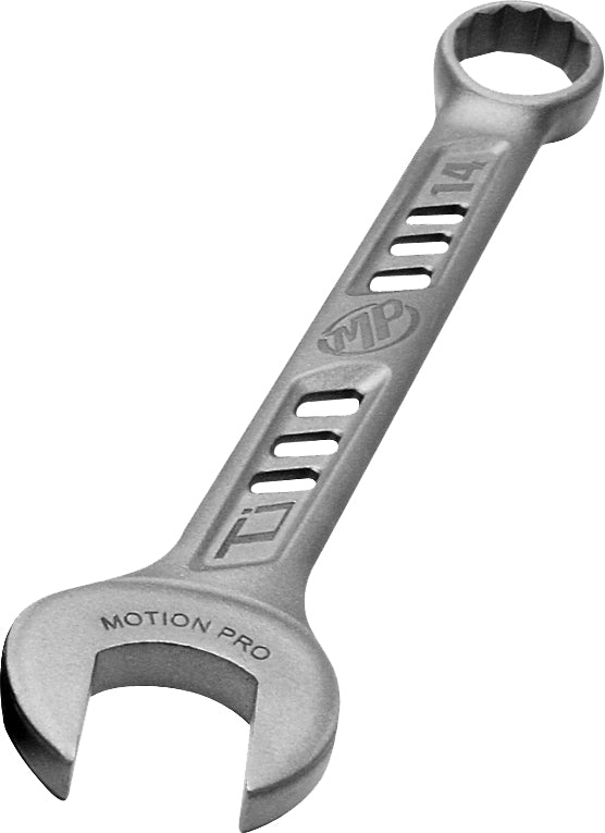 Motion Pro Tiprolight Titanium 14mm combination wrench, lightweight durable hand tool for mechanics and DIY projects.