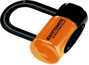 Kryptonite Locks Evolution Series 4 Disc Lock in orange with pouch and cable, featuring a sturdy design for bike security.