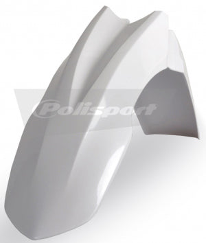 Polisport Plastics white front fender for motorcycle, showing smooth plastic surface and mounting points.