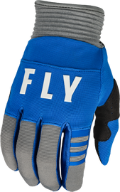Fly Racing Youth F-16 gloves in blue and grey, showing the padded cycling gloves with adjustable wrist strap.