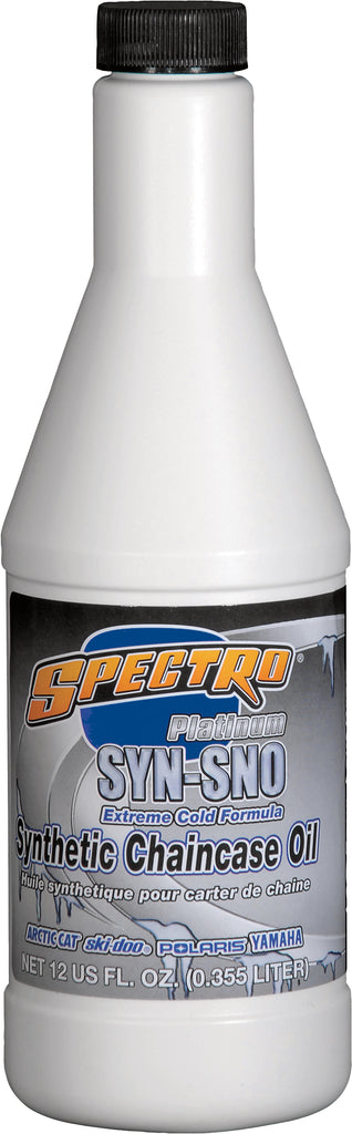 Spectro Platinum F/Syn Snow Chaincase 12oz bottle of automotive chemical product with label and cap visible.