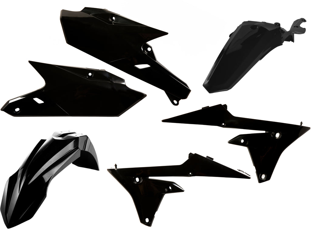Acerbis black plastic kit for off-road motorcycle, includes various plastic panels for body protection and customization.