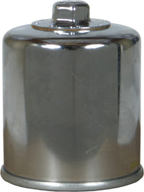 Chrome K&N oil filter 56-0303C for automotive engines, showcasing the cylindrical design and brand logo on the filter surface.