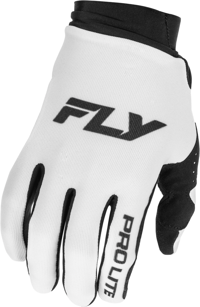 Fly Racing Pro Lite gloves in white and black, size large, showing the lightweight design and grip details for motocross riding.
