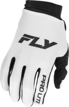 Load image into Gallery viewer, Fly Racing Pro Lite gloves in white and black, size large, showing the lightweight design and grip details for motocross riding.