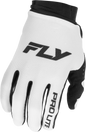 Fly Racing Pro Lite gloves in white and black, XL size, shown with padded palms and breathable fabric for motocross riding.