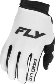 Fly Racing Pro Lite Gloves in white and black, medium size, showing lightweight design and breathable fabric for motocross riding.