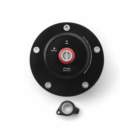 RIZOMA black locking gas cap with tri design, showcasing the secure locking mechanism and sleek finish.
