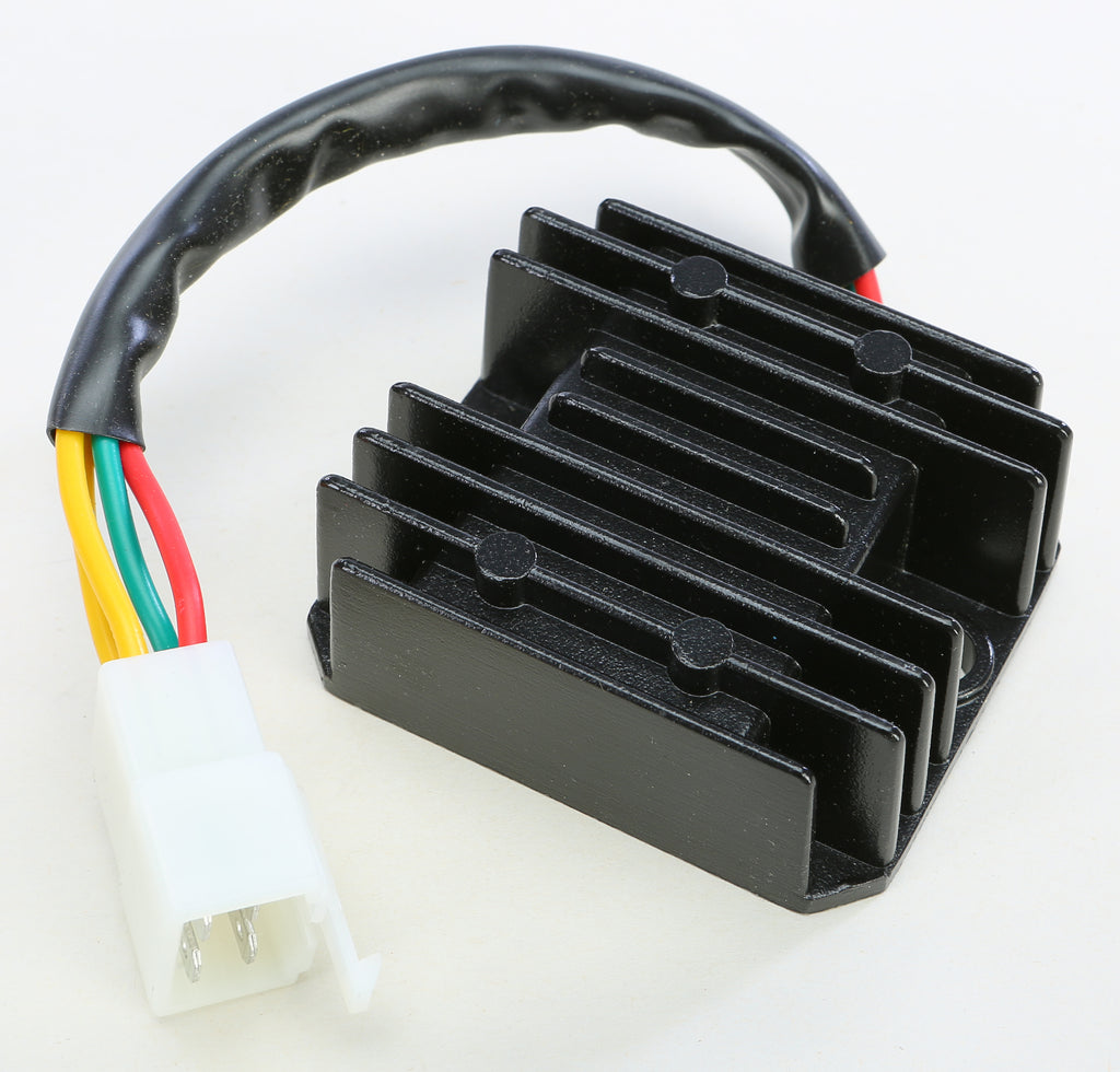 Ricks Motorsport Electric regulator and rectifier for motorcycle electrical systems, with metal fins and wiring connections.
