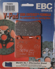 EBC Motorcycle Brakes Fa88v semi-sintered V Series brake pads showing black semi-metallic friction material and metal backing plate