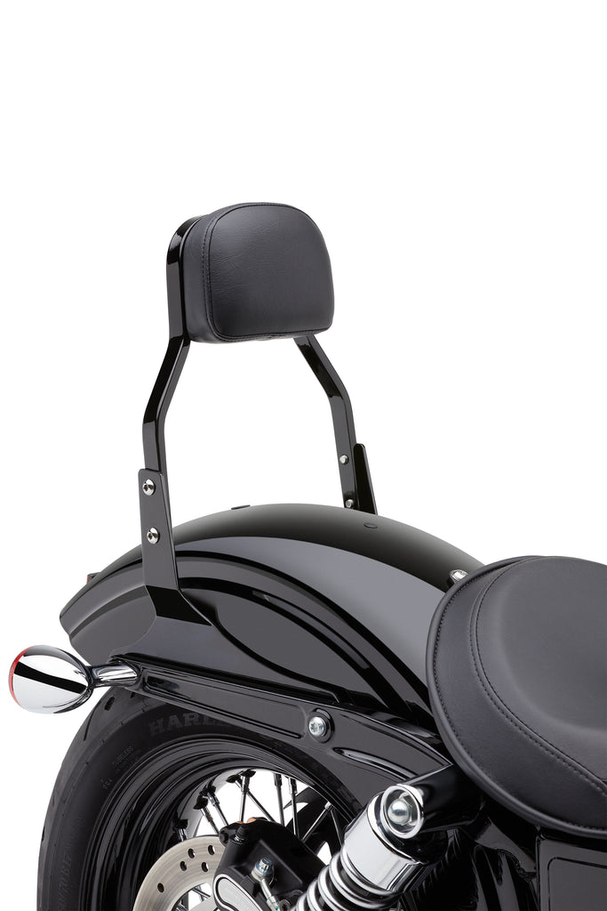 Black Cobra Mini Sissy Bar for Dyna motorcycles, body-mounted accessory with sleek design, fits 2006-2017 models.