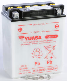Yuasa Yb14-B2 conventional 12V automotive battery showing terminals and label with brand and model number.