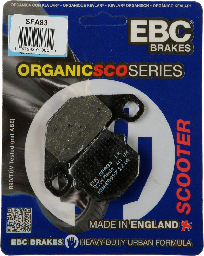EBC Motorcycle Brakes Sfa83 organic brake pads showing black friction material and metal backing plate.
