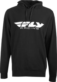Black Fly Racing Fly Corporate Pullover Hoodie in yellow and black, shown flat with hood and front pocket.