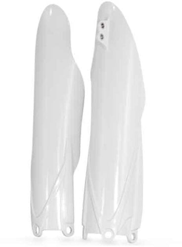 Acerbis white fork guard for motorcycles, featuring a sleek design and durable material for fork protection.