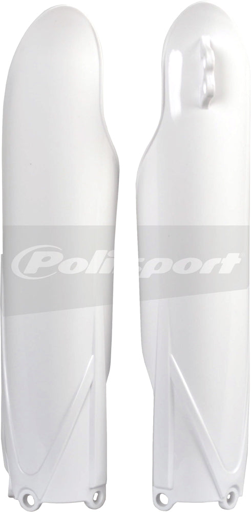 Polisport Plastics white fork guards for motocross bikes, showing close-up of durable plastic body with product details.