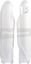 Load image into Gallery viewer, Polisport Plastics white fork guards for motocross bikes, showing close-up of durable plastic body with product details.