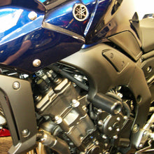 Load image into Gallery viewer, Shogun Industries black frame sliders for motorcycles, body protection with no-cut design, mounted on bike frame.