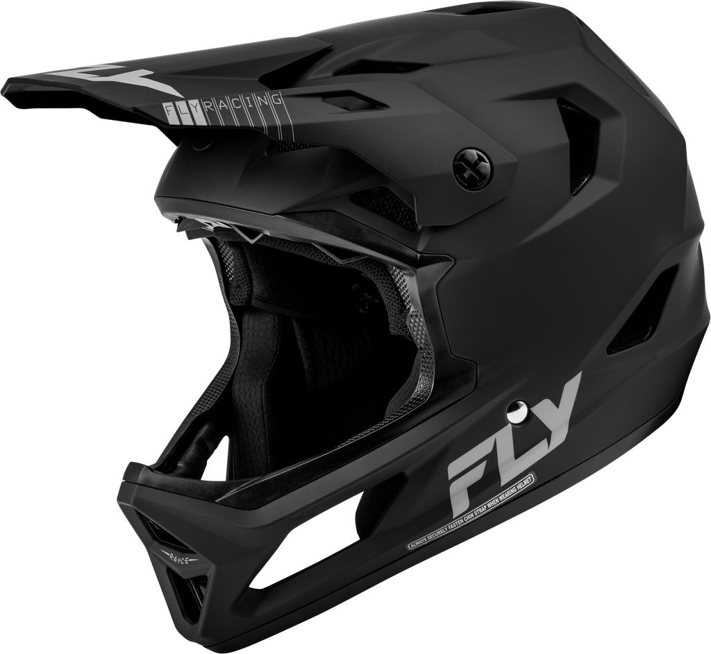 Fly Racing Rayce bicycle helmet in matte black, size medium, with ventilation vents and sleek aerodynamic design.