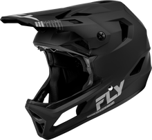 Load image into Gallery viewer, Fly Racing Rayce bicycle helmet in matte black, size medium, with ventilation vents and sleek aerodynamic design.