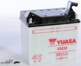 Yuasa 53030 Conventional 49-1933 car battery showing top view with terminals and label, designed for automotive use.