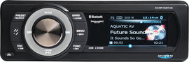 Aquatic AV Bluetooth USB MP3 media player compatible with Sirius/XM, shown with control interface and connectivity ports.
