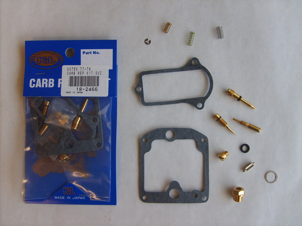 K&L Carburetor Repair Kit 118-2466 for intake, carburetor, and fuel system with various replacement parts laid out.