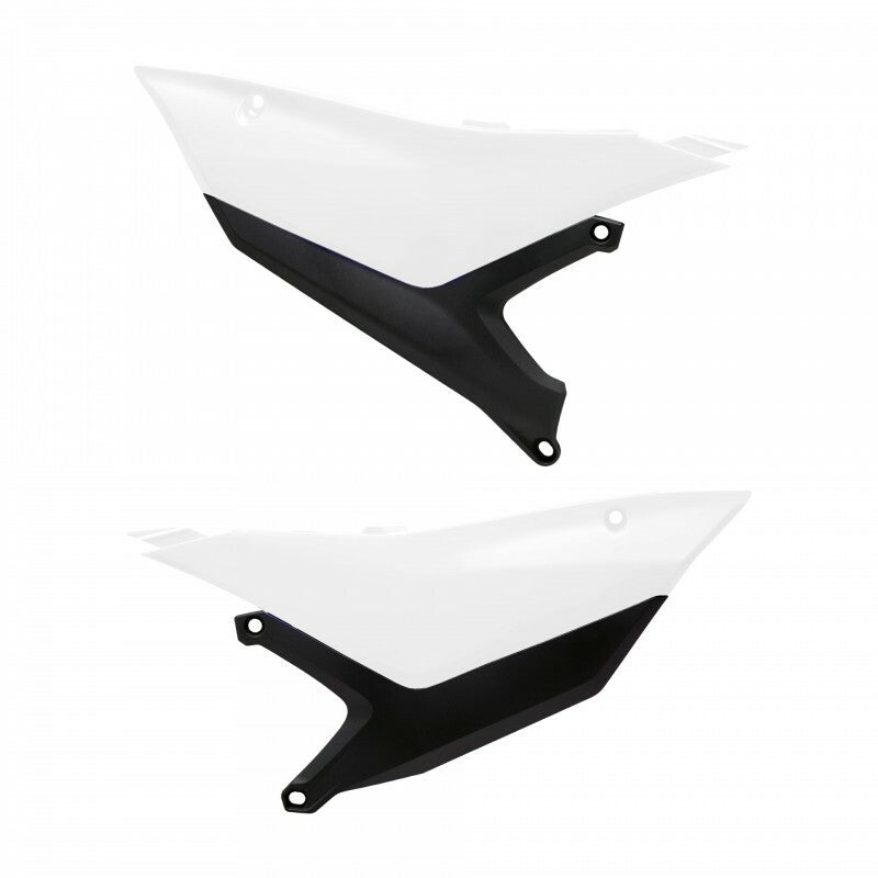 Polisport Plastics white off-road side number plates with mounting holes, designed for motocross or dirt bikes.