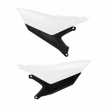 Load image into Gallery viewer, Polisport Plastics white off-road side number plates with mounting holes, designed for motocross or dirt bikes.