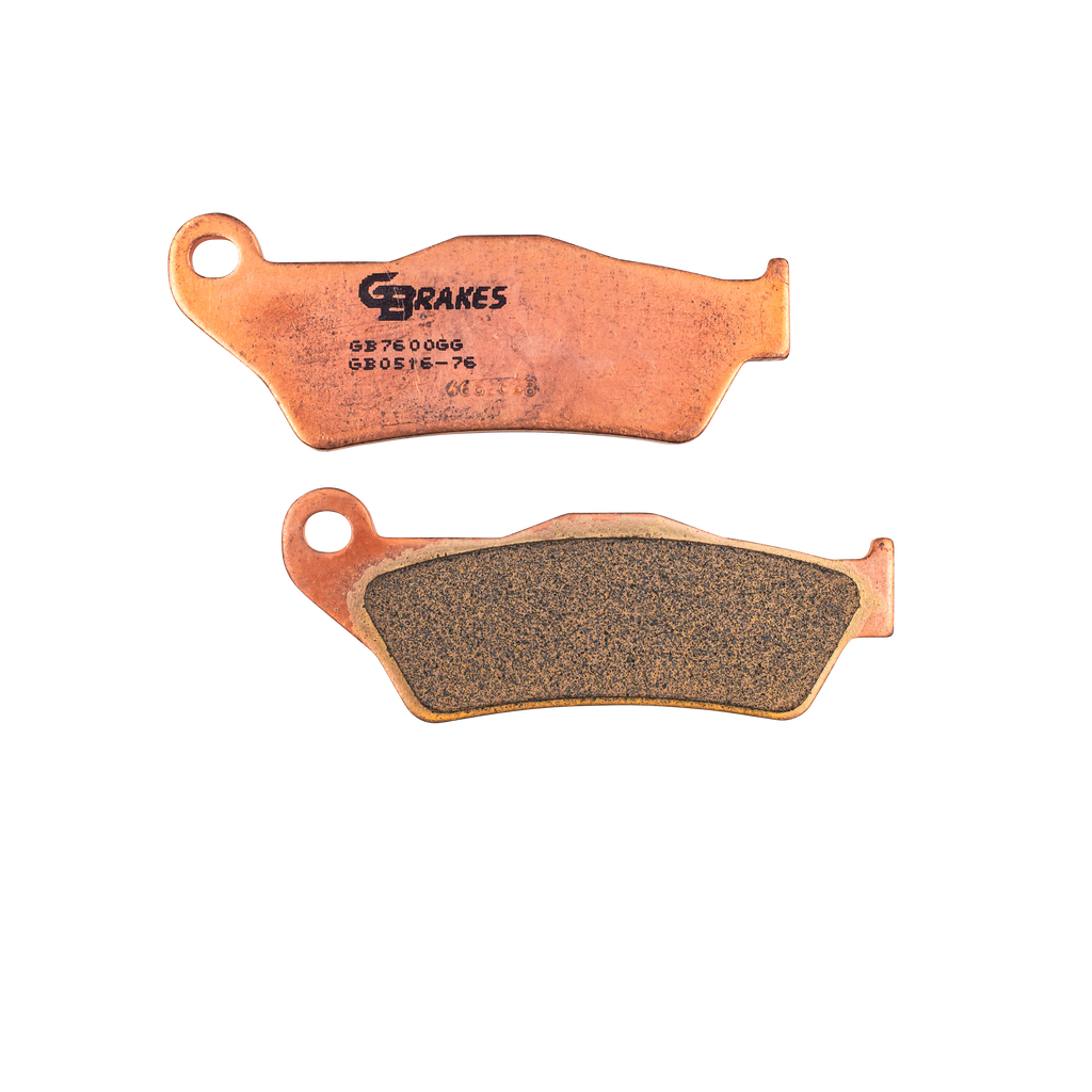GBRAKES sintered brake pads for effective stopping, shown in a close-up image of the brake pad with detailed friction surface.
