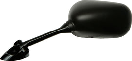 Black left motorcycle mirror by Emgo, model Suz 56-9843, showing the reflective glass and mounting arm.