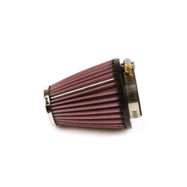K&N universal 54mm flange air filter for improved engine airflow, shown with metal mesh and rubber edge for secure fit.