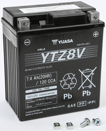 Yuasa YTZ8V sealed factory-activated motorcycle battery with top terminals and compact design.