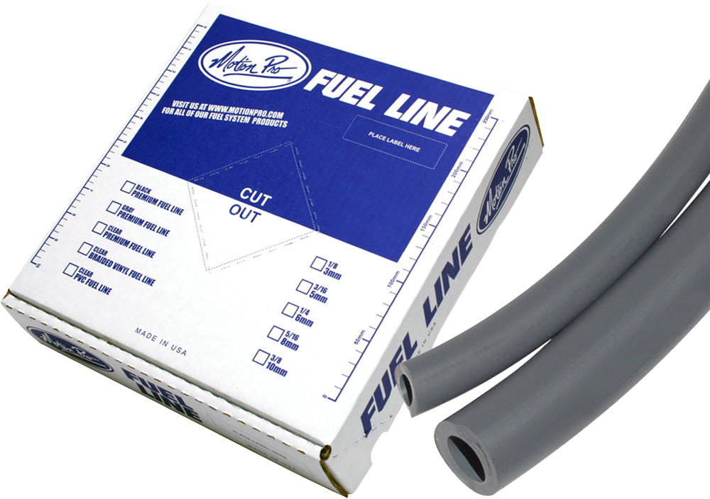 Motion Pro Tygon grey fuel line, 5/16 inch diameter, 25 feet long, for intake and carb fuel systems, shown coiled in the image.