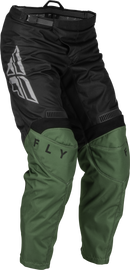 Fly Racing F-16 pants in olive green and black, size 34, featuring durable riding gear design with reinforced fabric.