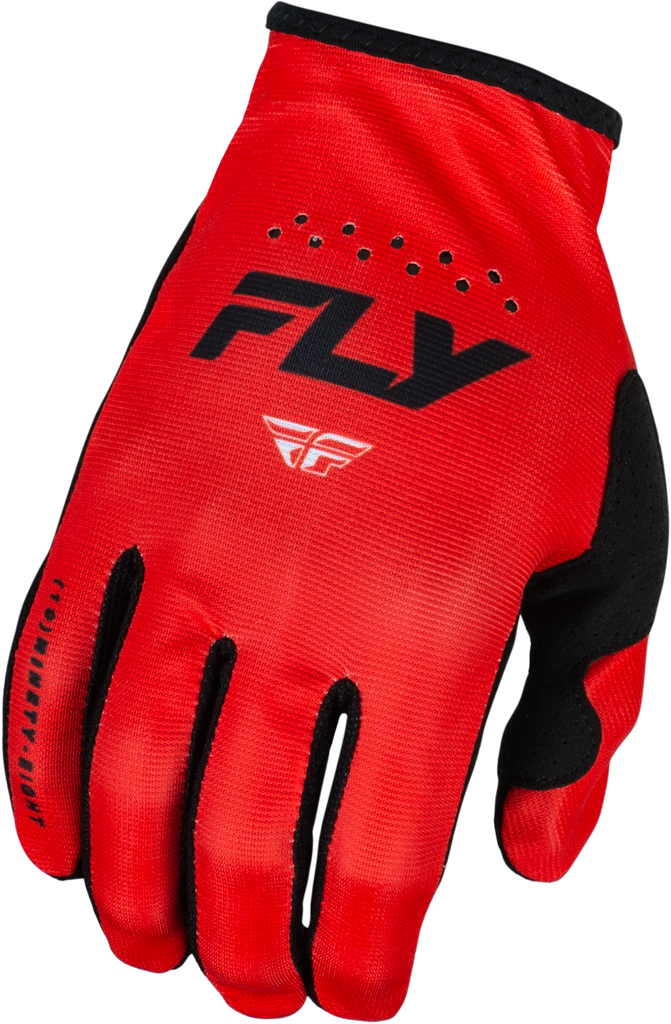 Fly Racing Youth Lite Gloves in red and black, showing the snug fit and textured palm for improved grip and comfort.