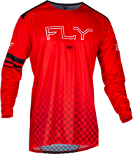 Load image into Gallery viewer, Fly Racing Rayce bicycle jersey in red, size large, featuring lightweight breathable fabric and bike-specific design.