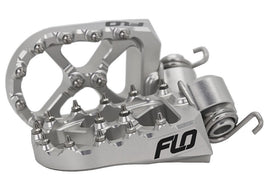 Silver Flo Motorsports Flo footpeg for Yamaha YZ250, featuring 10mm back and 12mm down mounting for enhanced grip and durability.