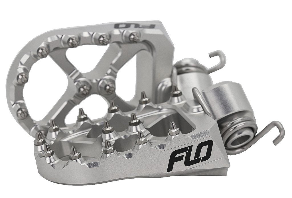 Flo Motorsports Yamaha YZ250 silver footpeg with low profile design, 10mm back, 12mm down, featuring durable metal construction.