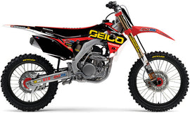 Black DCOR 2015 Geico Honda graphics kit with decals for motorcycle customization, featuring bold design elements.