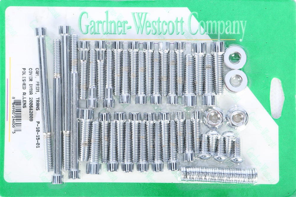 Gardner-Westcott Big Twin Cam and Primary hardware fittings for 2006-2017 Harley Dyna models, close-up of fasteners and fittings.