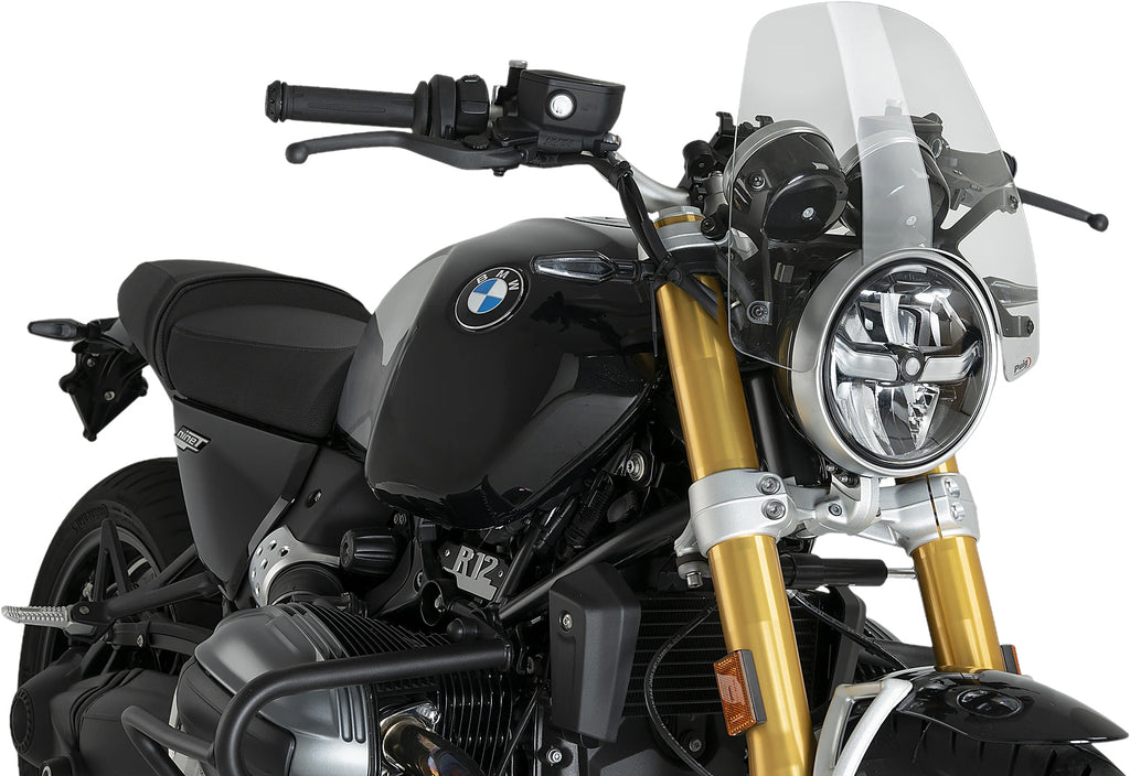 Clear PUIG windscreen for BMW Naked New Gen Sport motorcycle, showcasing the sleek, transparent design fitting the bike.