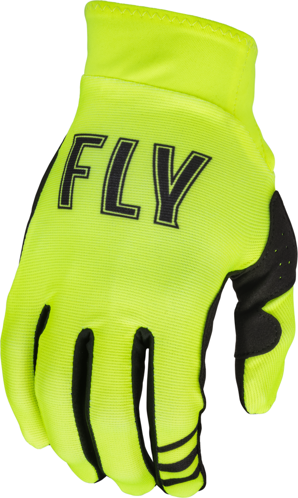 Fly Racing Pro Lite Hi-Vis gloves in XS size, featuring bright yellow high-visibility design and lightweight, breathable material.