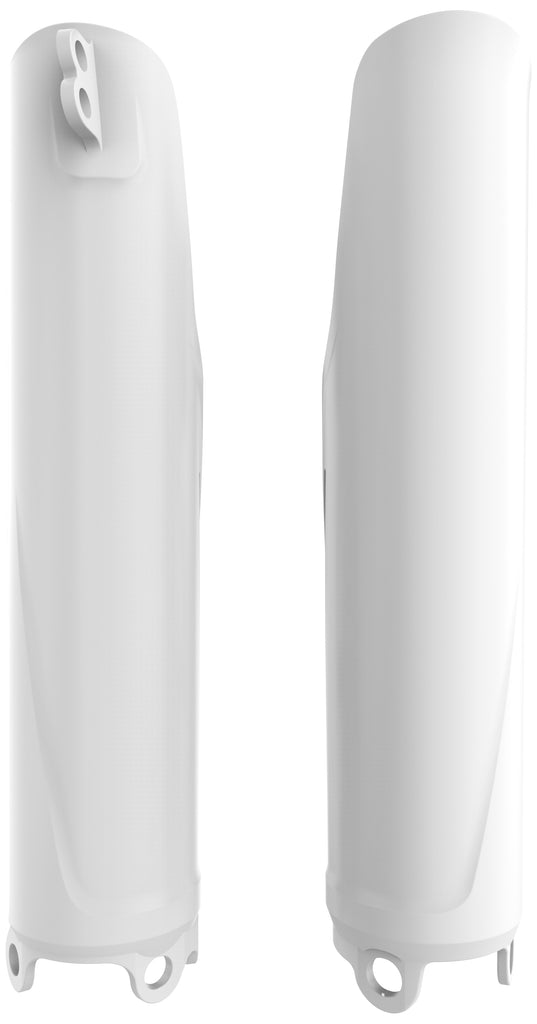Polisport Plastics white fork guards for motorcycle front suspension, model 64-39412, shown on a bike's front forks.