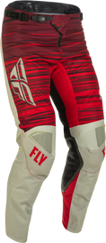 Fly Racing Kinetic Wave Pants in light grey and red, size 32, displayed on a plain background, showcasing the motorcycle riding gear.