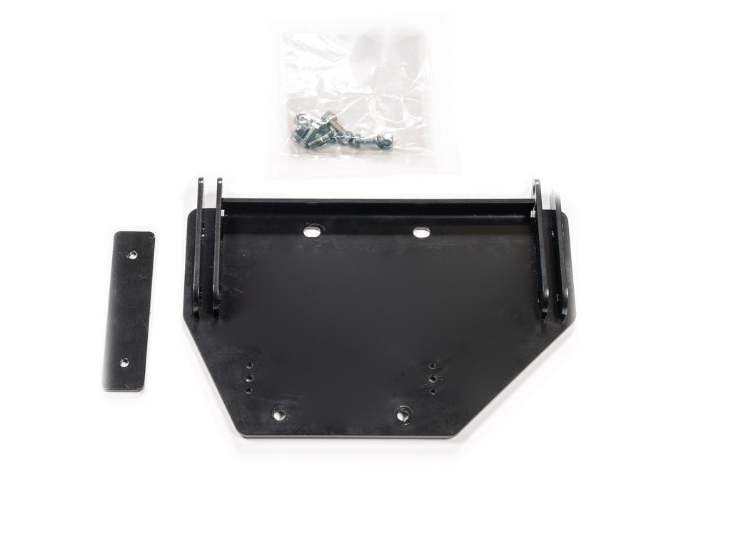 Warn Center Plow Mount 620-107762 bracket shown in black metal, designed for secure attachment of snow plows to vehicles.