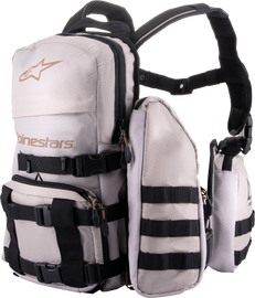 Alpine Star Techdura Tactical Pack in warm grey and black with multiple compartments and gear straps, designed for outdoor accessories.