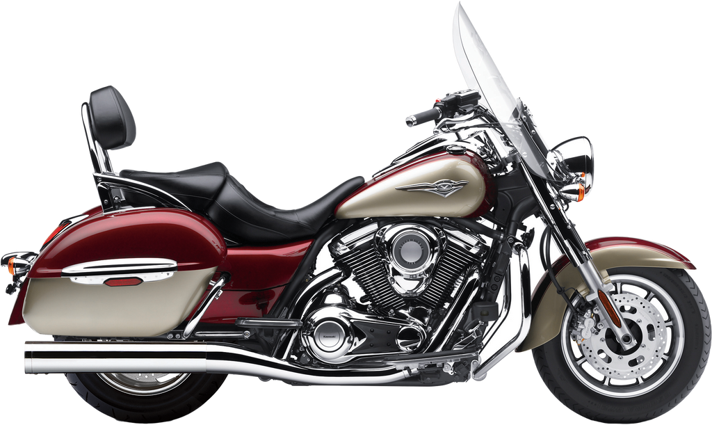 Cobra slip-on exhaust with scalloped tips for Kawasaki Vn1700 Classic motorcycle, showing polished metal finish and design details.